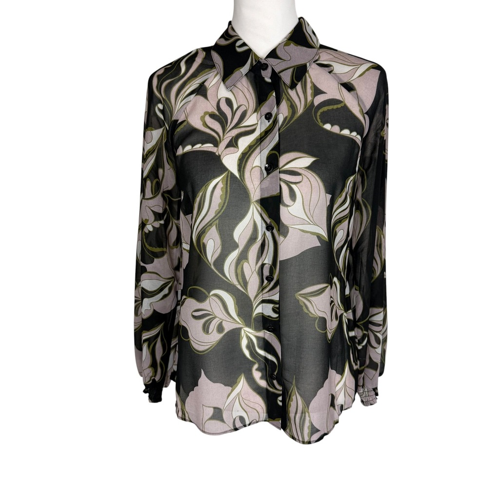 Cabi 4615 Floral Button Down Blouse Black Olive Green Sheer XS Long Sleeve